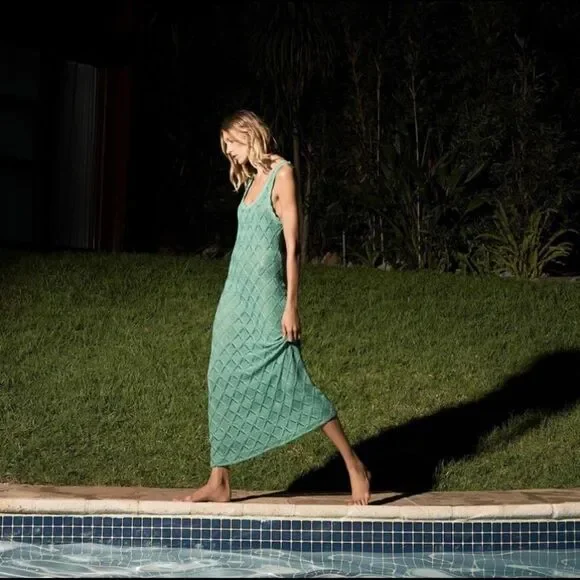 Long Crochet Dress Zara Washed Green